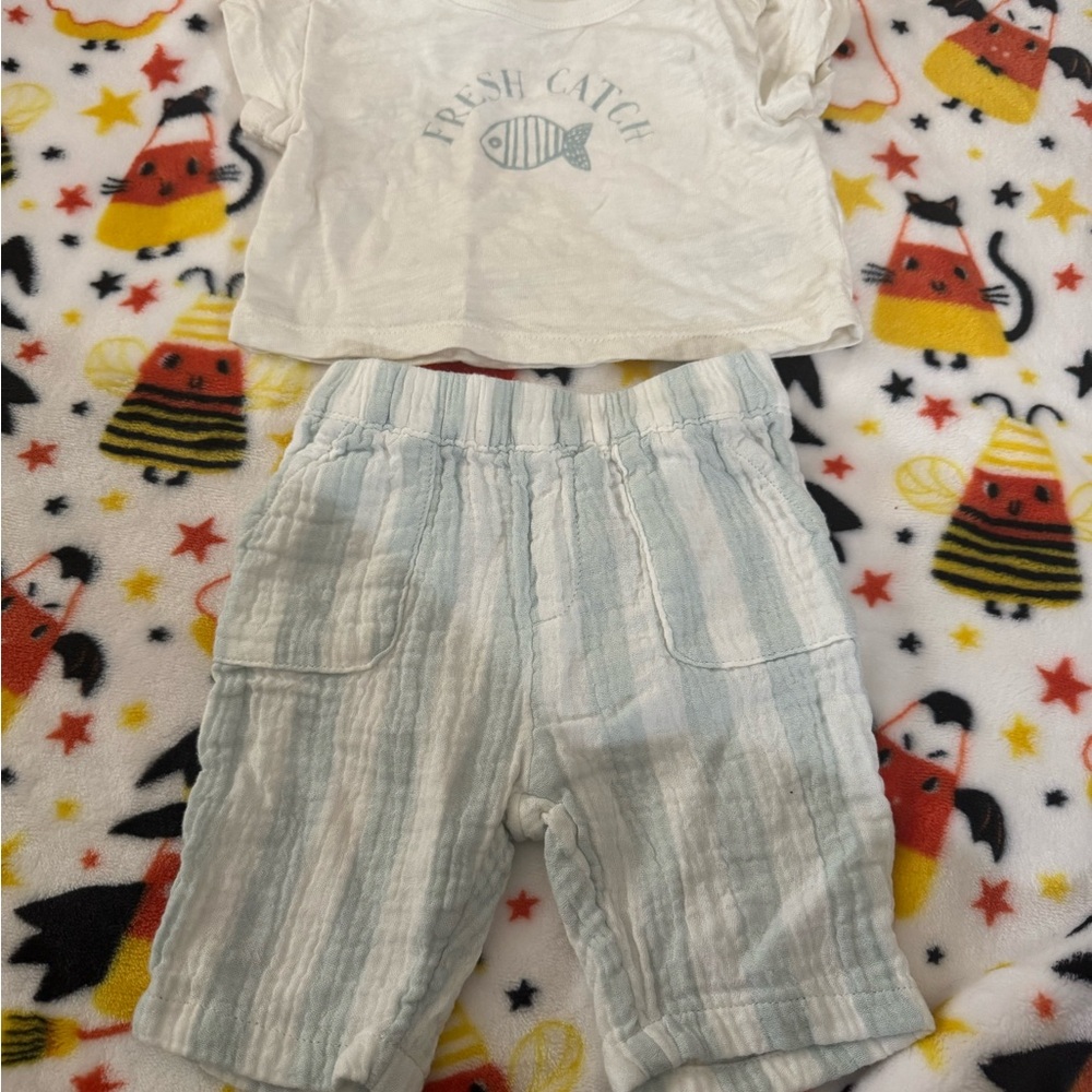 Striped Baby Shorts and Fish Print Shirt Set